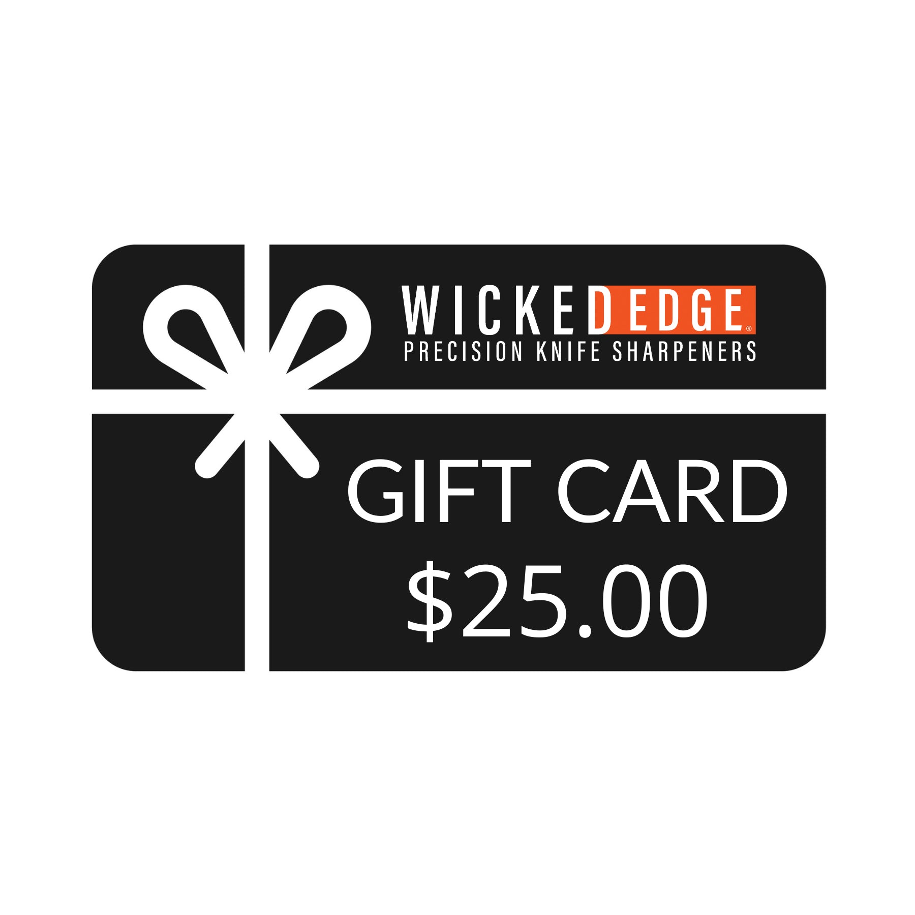 Gift Card in close-up view on black background with white bow graphic and "$25.00" value text.