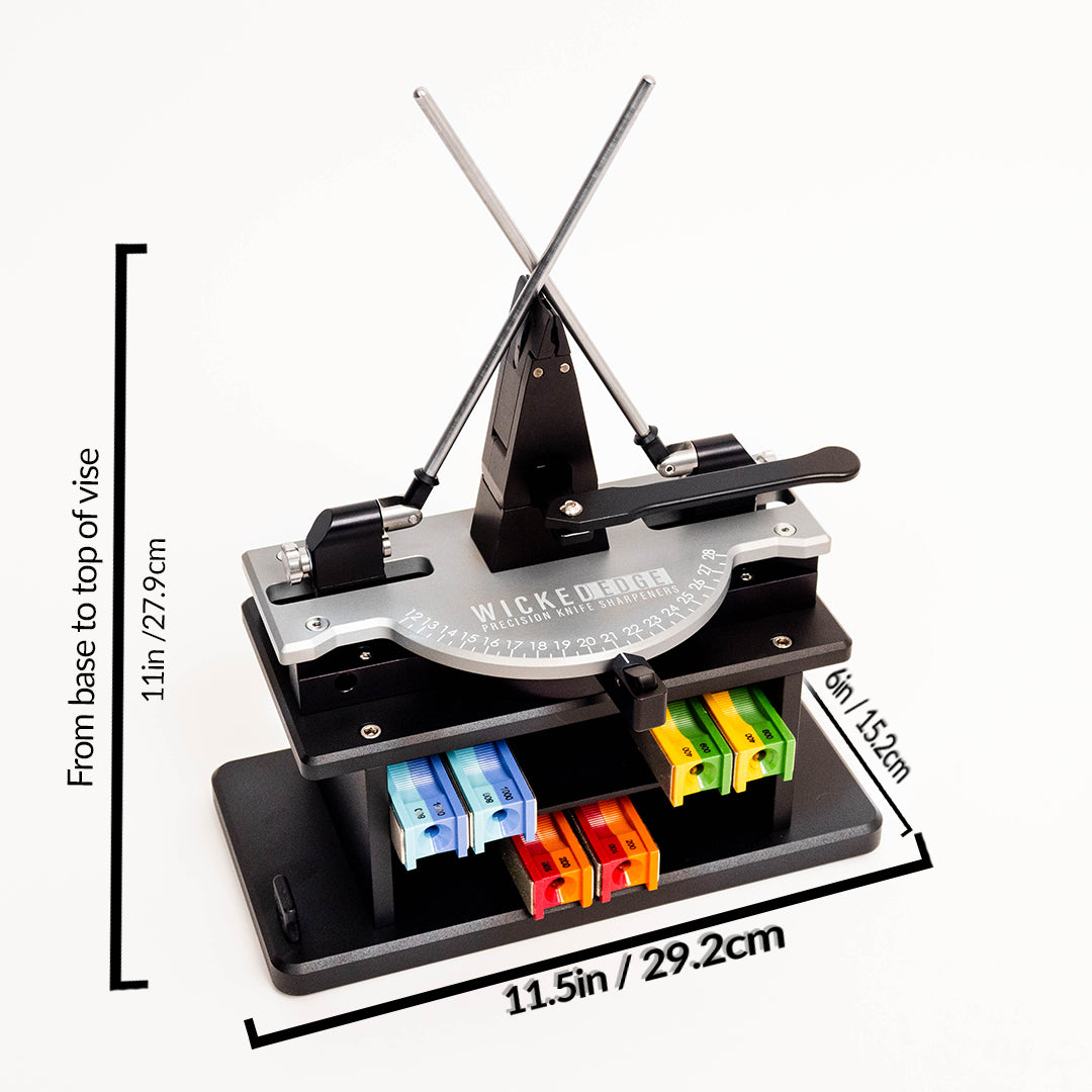 WE411 precision knife sharpener with dimensions. Width: 11.5in/29.2cm, height: 11in/27.9cm, depth: 6in/15.2cm.