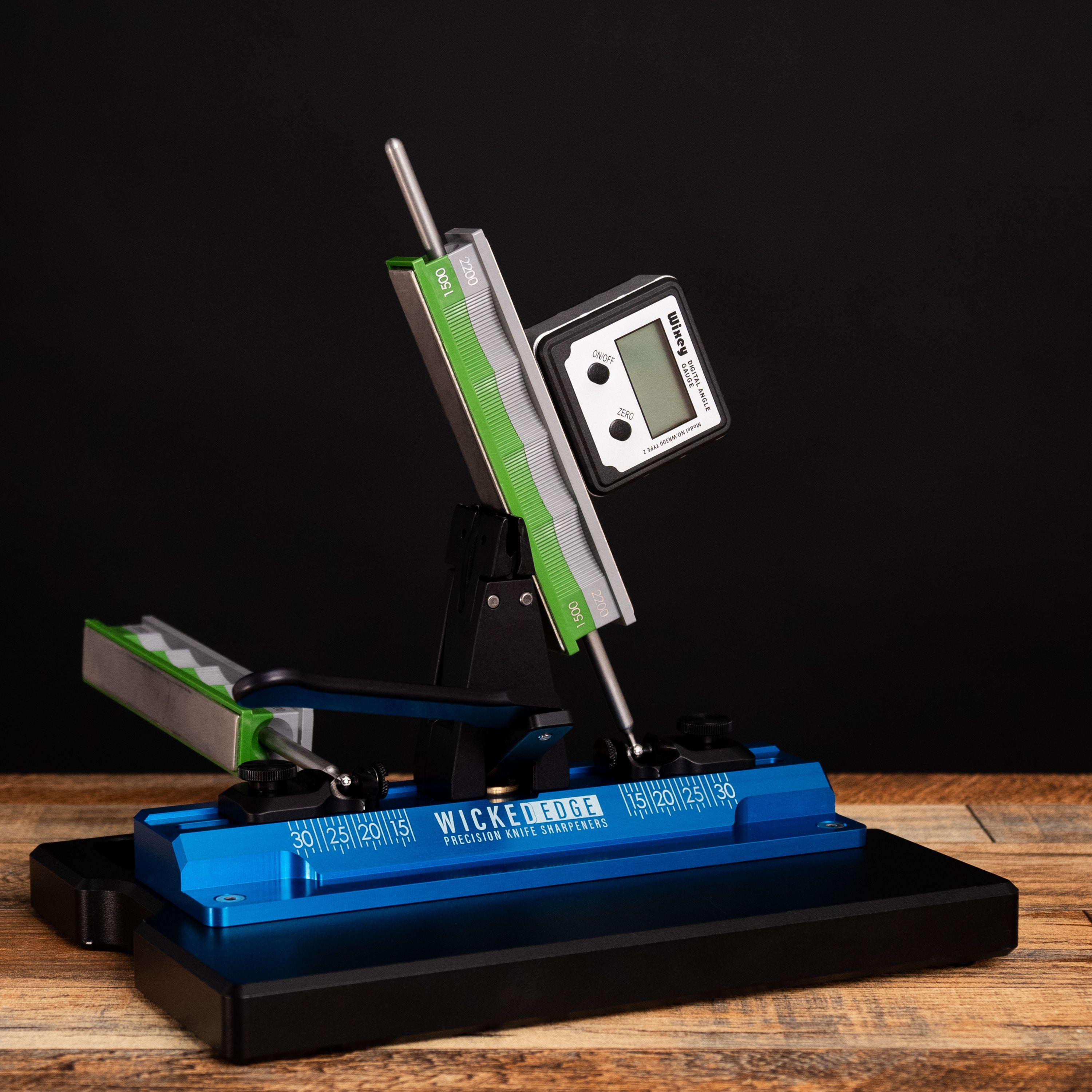 Wixey WR300 Type 2 Digital Angle Gauge on Wicked Edge sharpener base at close-up from front angle.