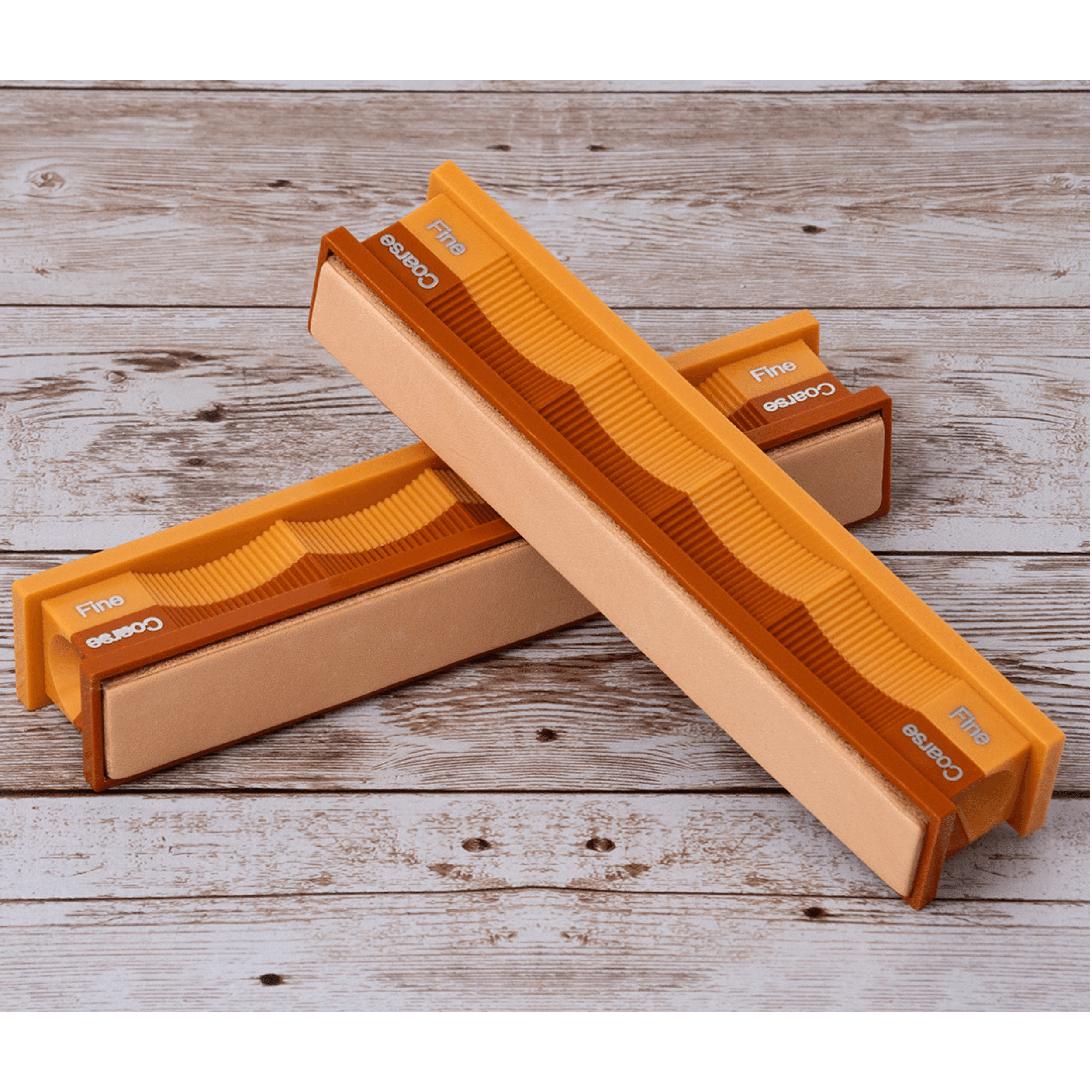 Blank Leather Strops Pack in close-up detail shot on weathered wood surface.