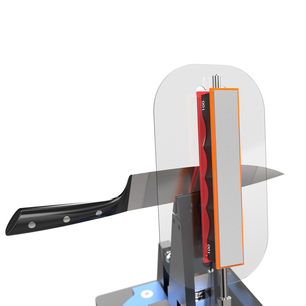 Wicked Edge Safety Shield (2 pack) mounted on sharpener vise at close-up from front angle.