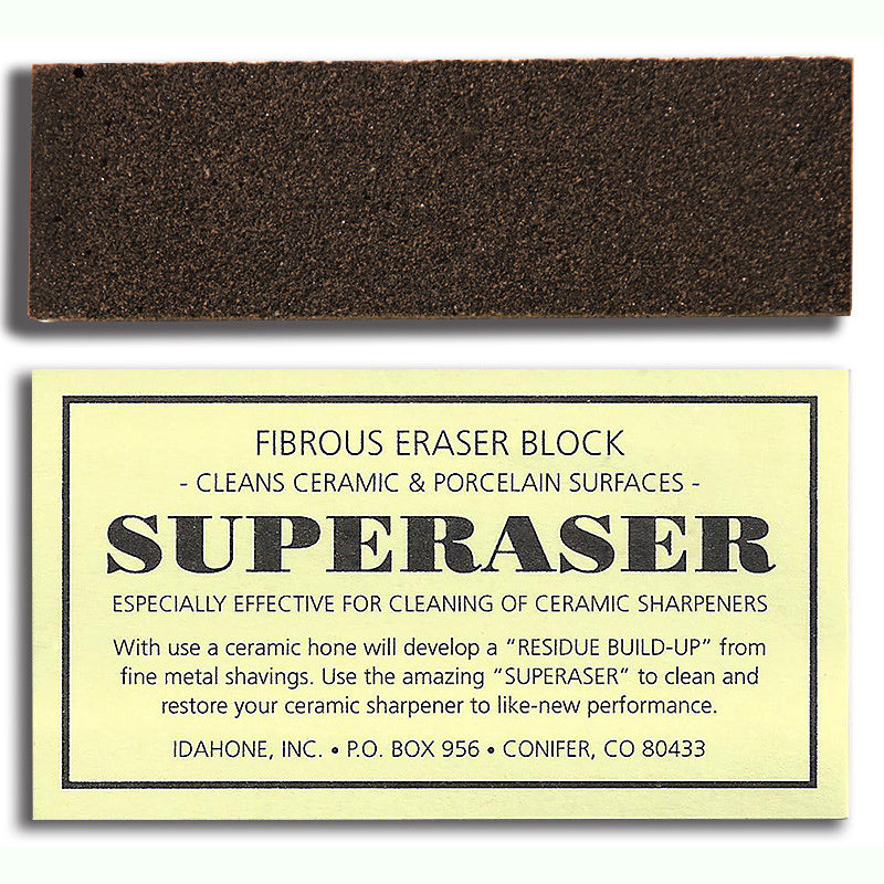 Superaser fibrous eraser block for cleaning ceramic and porcelain sharpening surfaces in close-up product photo on white background.