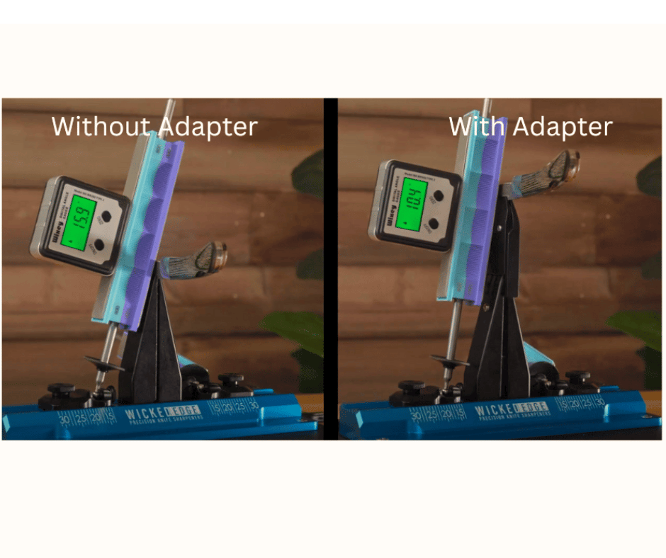 60 Series Low Angle & Small Knife Kit in vise at close-up from front, with and without WELA2 adapter plate for reaching lower sharpening angles on narrow blades.