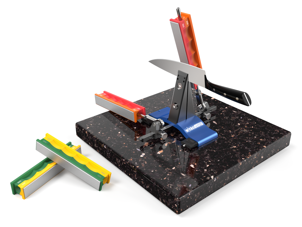 Pro-Pack I sharpener set on black speckled surface at close-up from high angle.