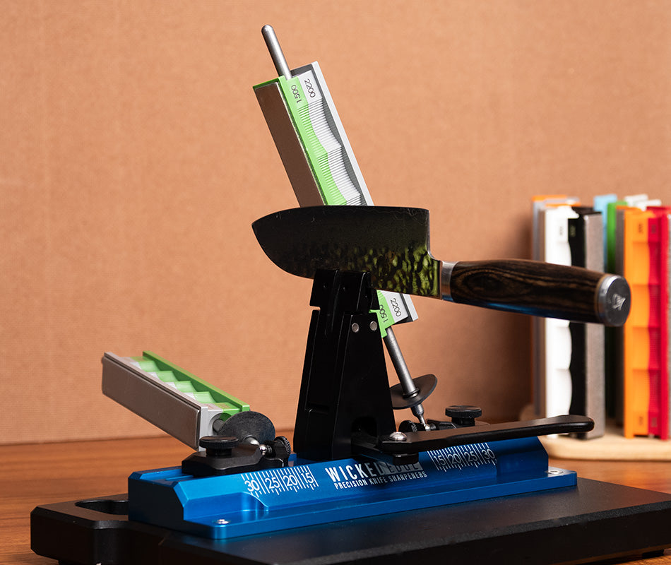 Premium 1500/2200 Grit Diamond Stones Pack mounted in Wicked Edge sharpener at close-up from side angle.