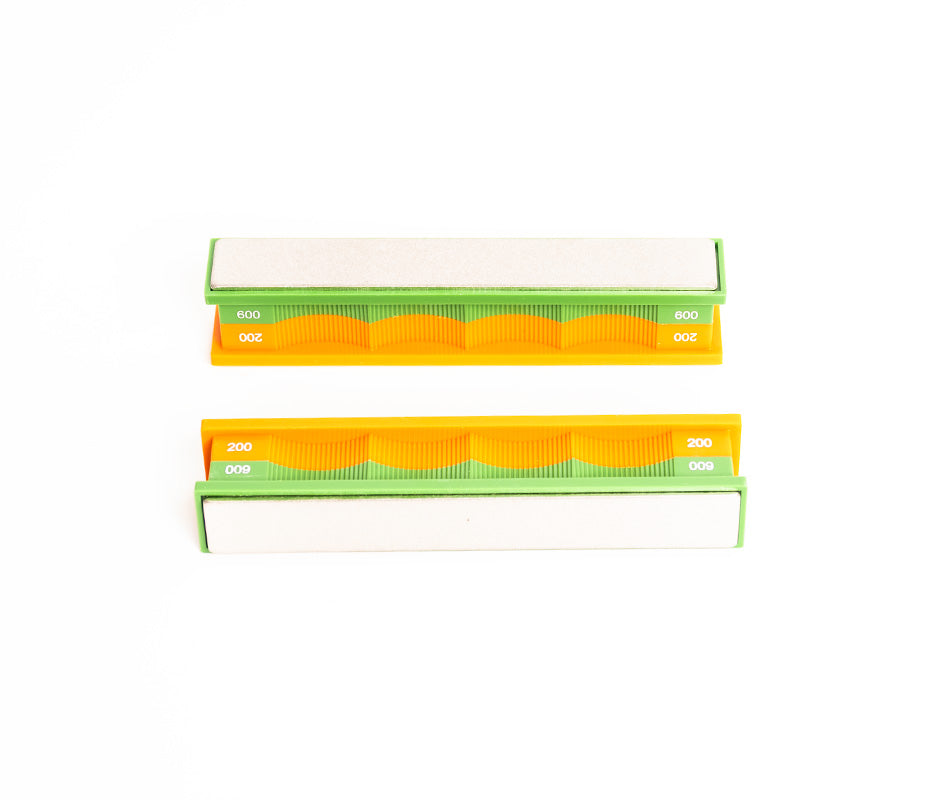 Premium 200/600 Grit Diamond Stones Pack sharpening stones in plastic handles on white background at close-up from front view.