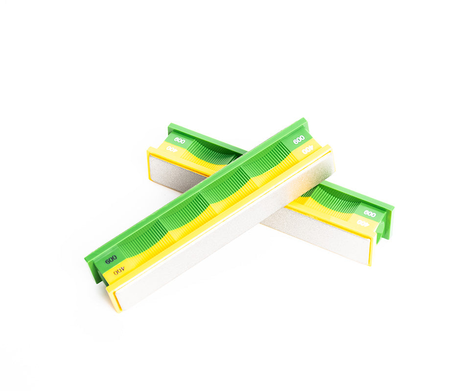 Premium 400/600 Grit Diamond Stones Pack sharpening stones in studio lighting at close-up from top-down angle.