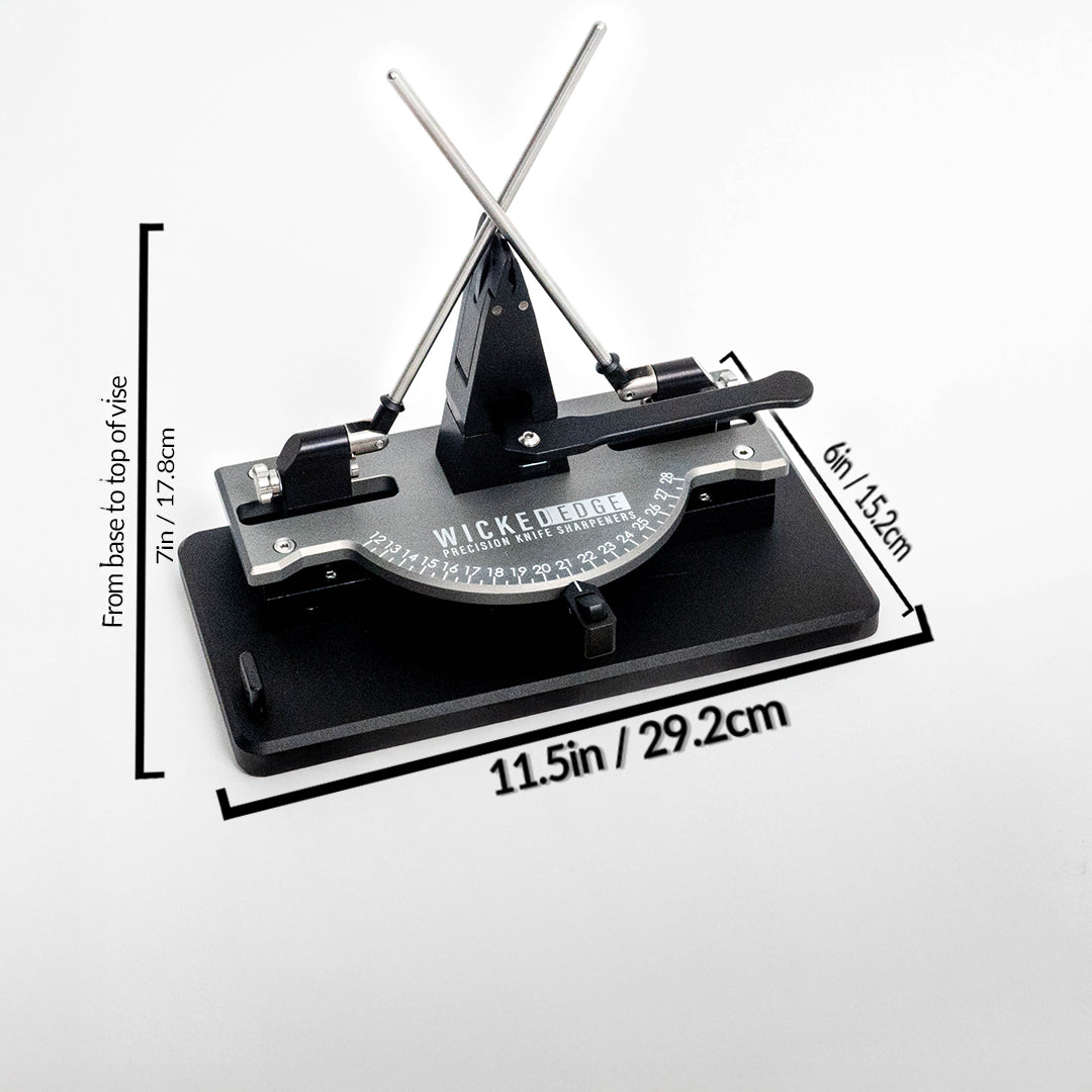 WE410 precision knife sharpener with dimensions. Width: 11.5in/29.2cm, height: 7in/17.8cm, depth: 6in/15.2cm.