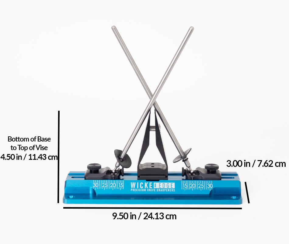 Wicked Edge GO dual-sided knife sharpener in studio setting at eye level from front view.