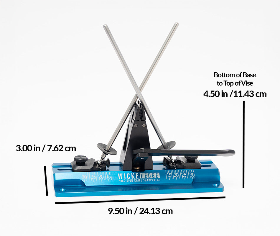 Wicked Edge Cobalt WE64 dual-sided knife sharpener in studio at medium zoom from front angle.