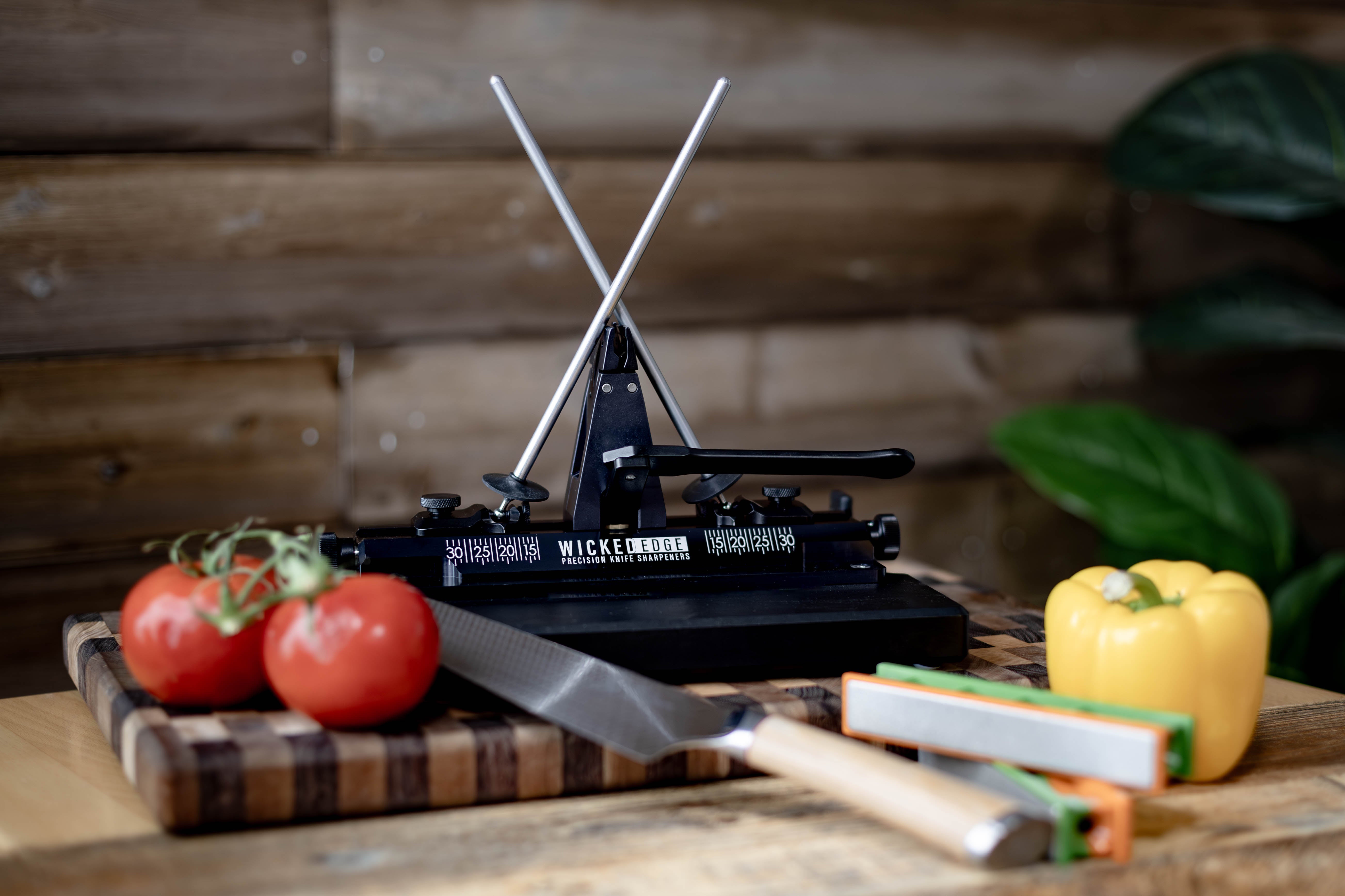 WE60 Precision Knife Sharpener in kitchen setting at close-up from front angle.