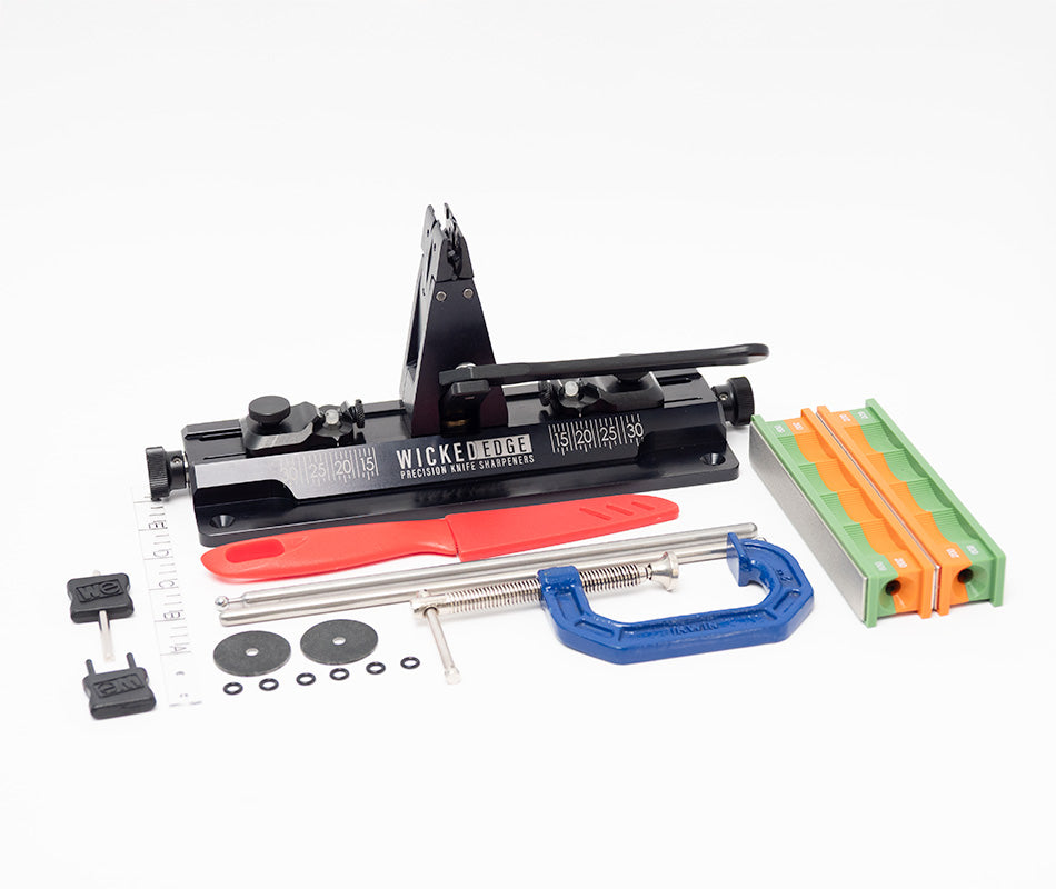 Wicked Edge Obsidian WE66 precision knife sharpener in product photo at close-up zoom from front angle.