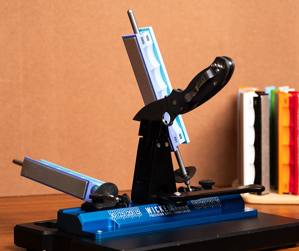 Premium 800/1000 Grit Diamond Stones Pack mounted in Wicked Edge sharpener at close-up from front angle.