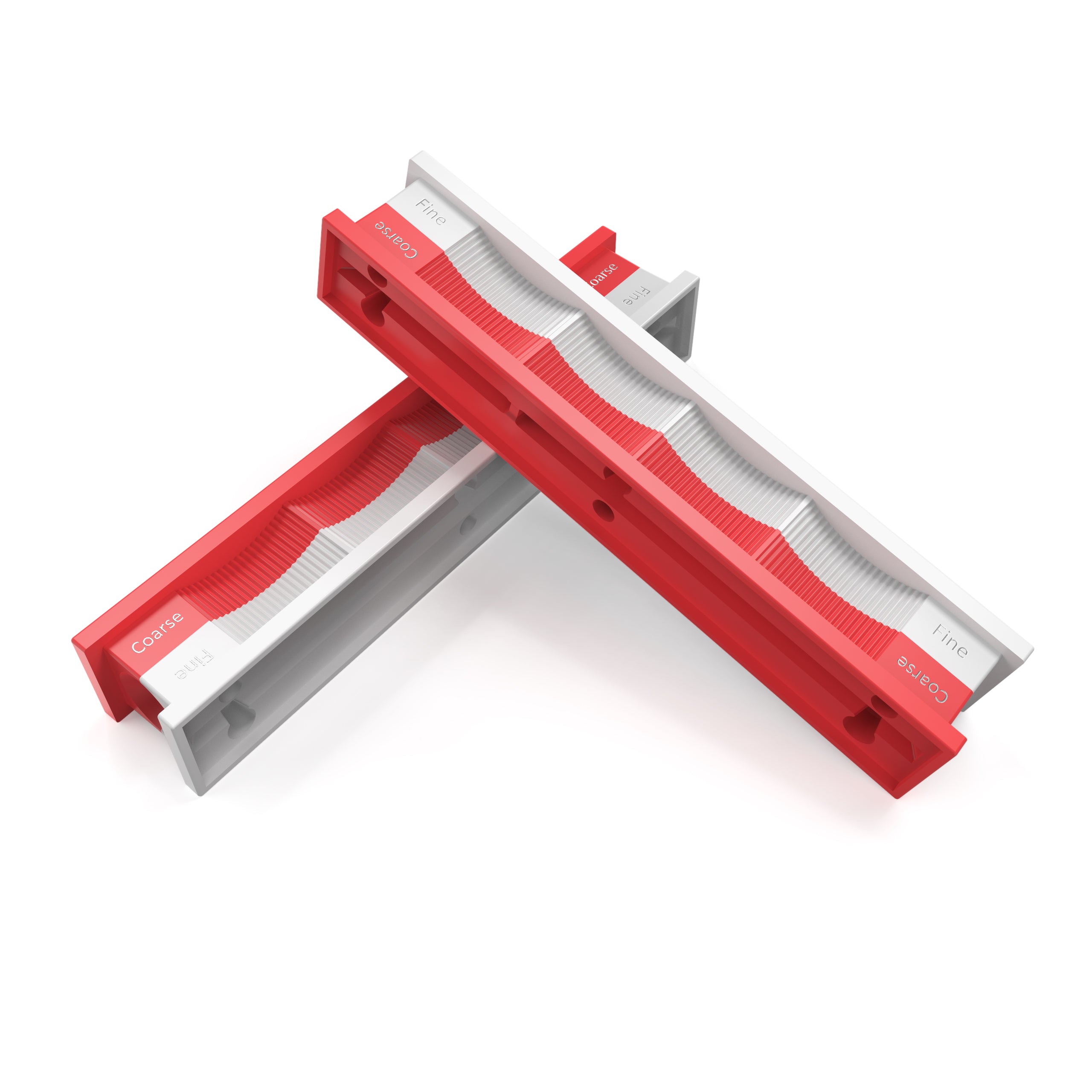 Blank Handles Pack in studio lighting at close-up from front angle, showing red plastic handles with engraved measurements for attaching sharpening stones or strops to Wicked Edge knife sharpeners.