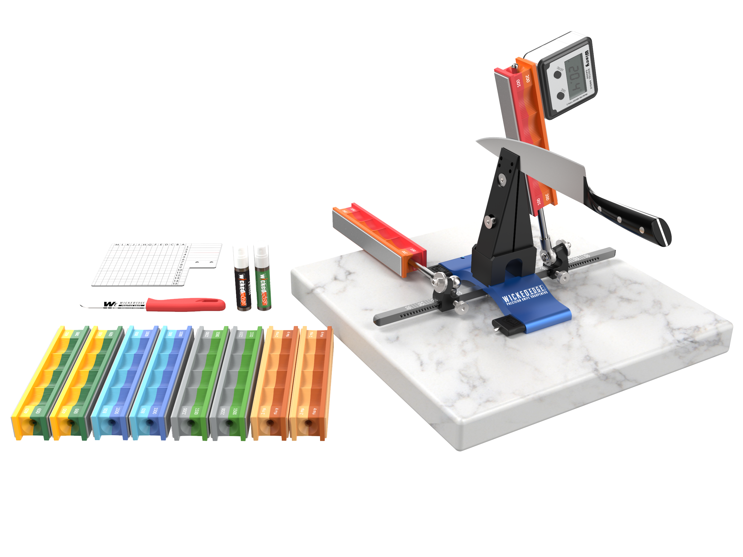 Pro-Pack II sharpening kit with colorful diamond stones and accessories on white marble surface at close-up from high angle.