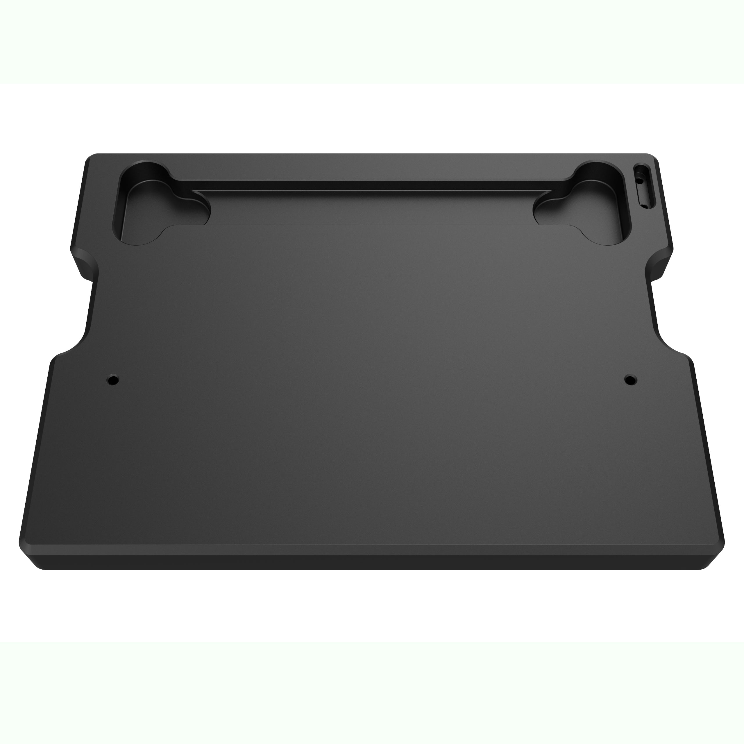 Heavy black anodised aluminium base plate with pre-drilled holes and recesses for Wicked Edge sharpeners, photographed from a high angle on a plain white background.