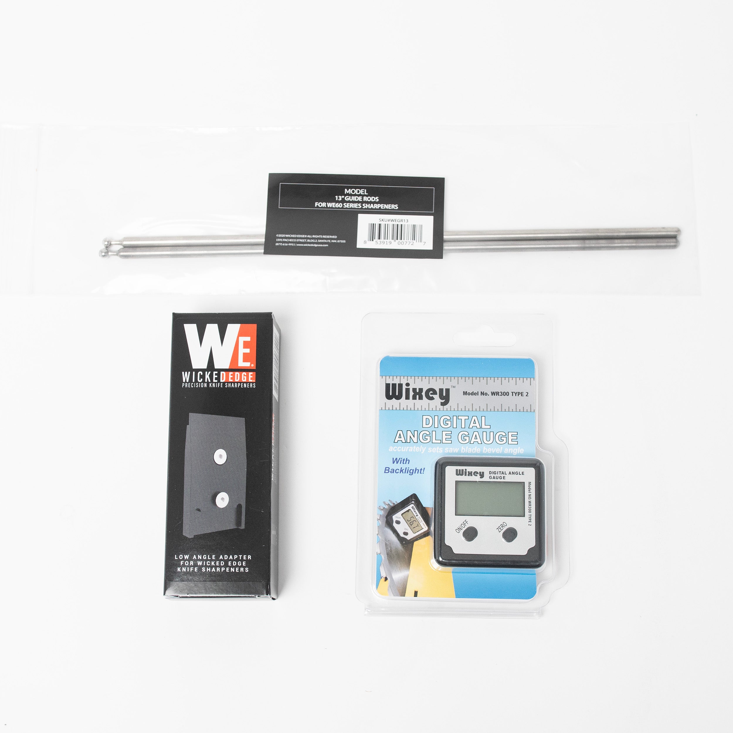 60 Series Low Angle & Small Knife Kit adapter plate and Wixey digital angle gauge in product packaging at close-up from top-down angle.
