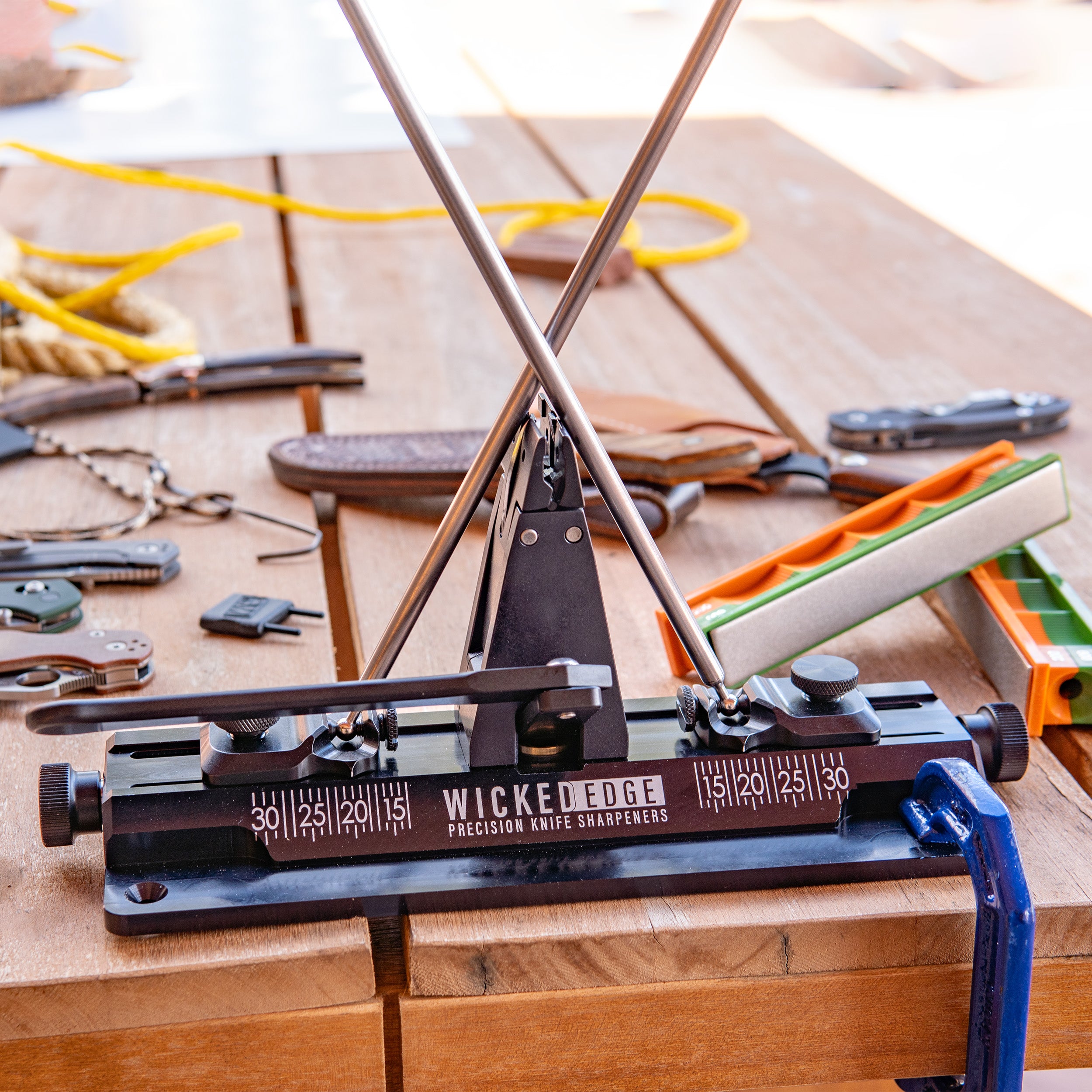 Wicked Edge 60 Series precision knife sharpeners in workshop at close-up from front angle.