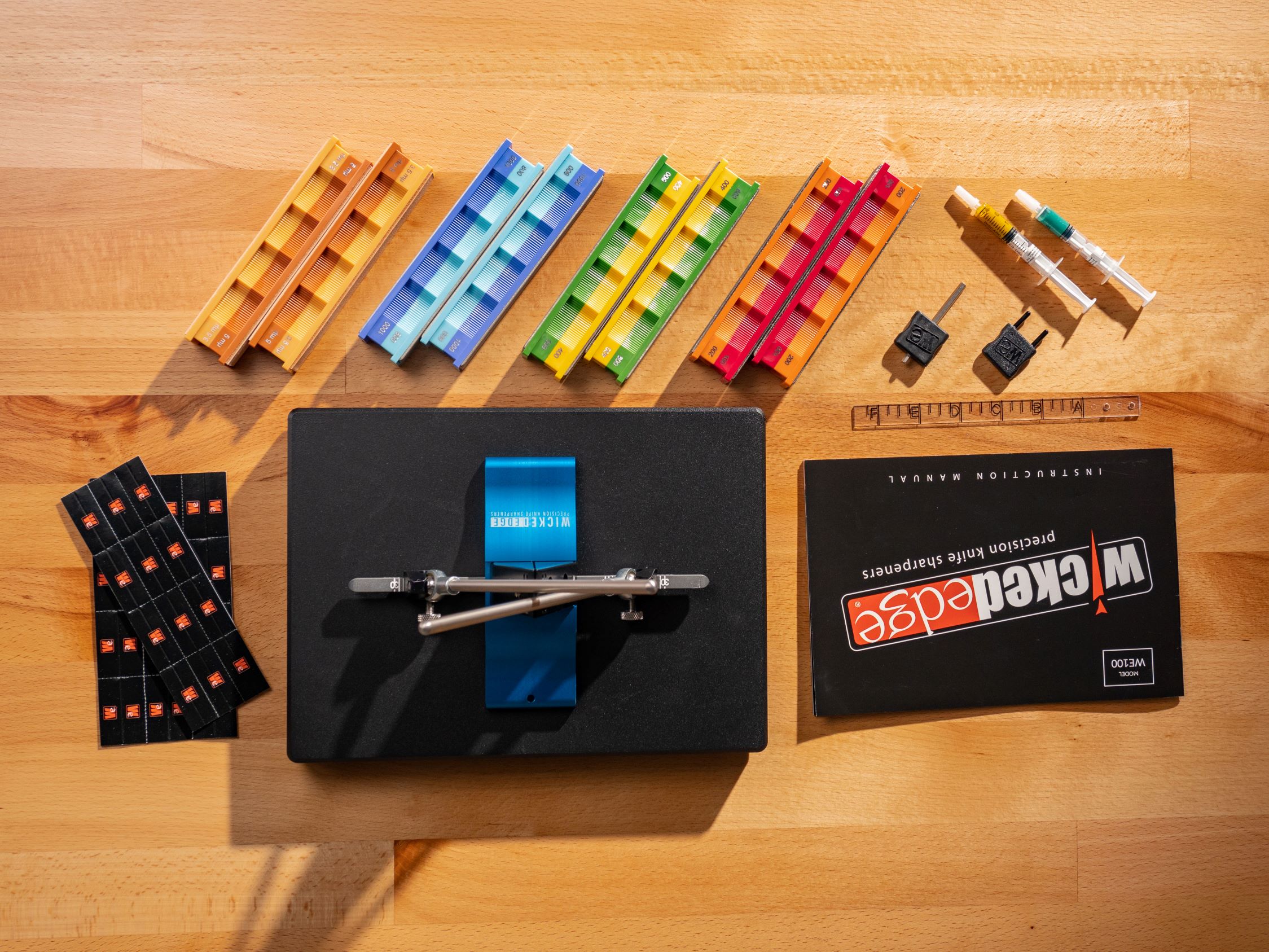 Wicked Edge Pro-Pack I knife sharpening kit in overhead product photo at close range from directly above.