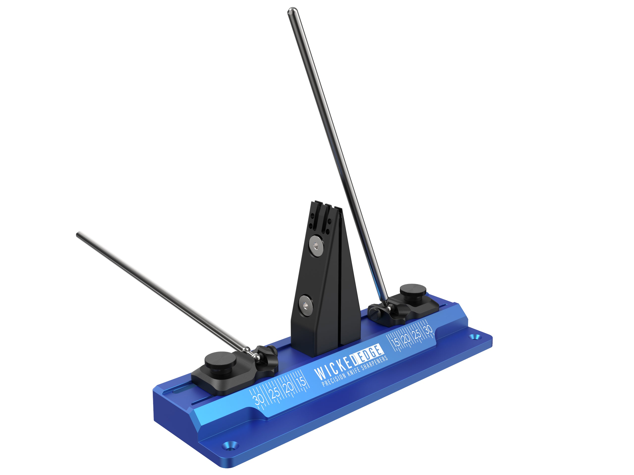 Wicked Edge WE60 precision knife sharpener in studio setting at close-up zoom from front angle.