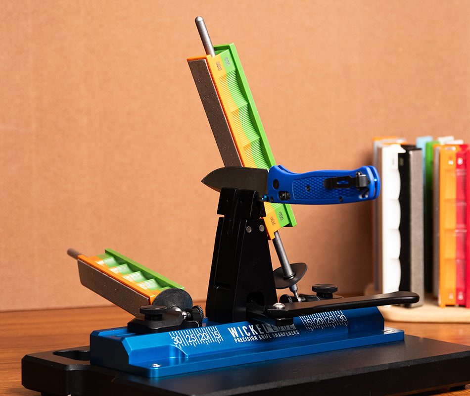 Premium 200/600 Grit Diamond Stones Pack mounted in sharpener at close-up from side angle.