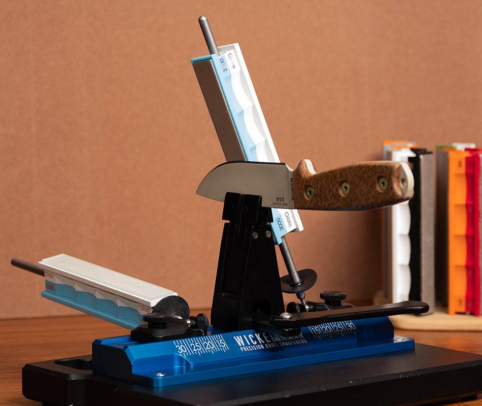 Premium 3000 Grit Diamond Stones and Blank Glass Platens Pack mounted in Wicked Edge sharpener at close-up from front angle.
